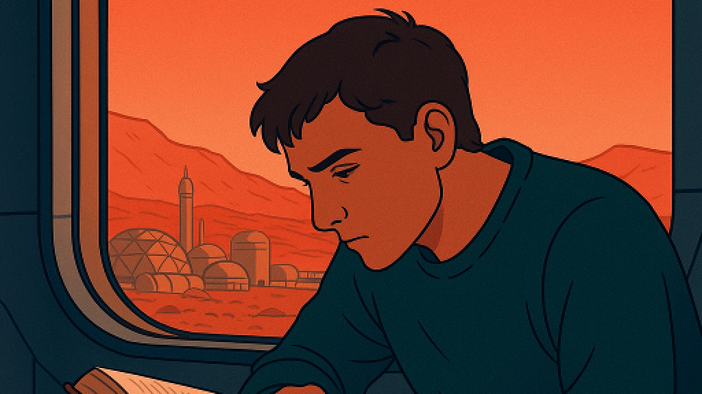 A man studying a book on mars